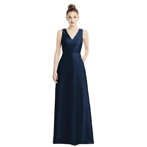 Alfred Sung Sleeveless A-Line Satin Dress w Pockets Midnight Blue Women’s 4 $231 - Picture 3 of 9